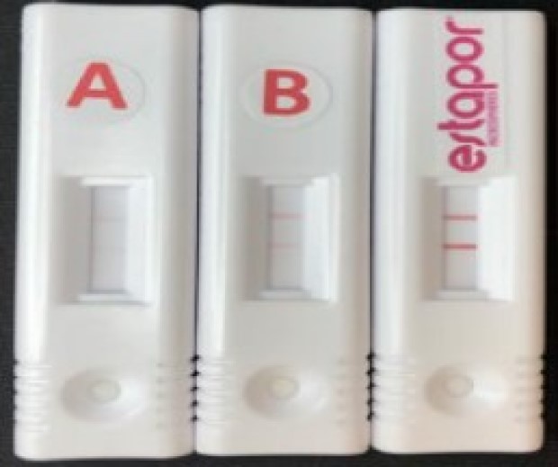 The results of a Estapor® K1-040 and competitors A and B. Three tests labeled A, B, and with a brand name, showing negative results as indicated by a single red line in the result window of each test.The results show that Estapor® K1-040 dark red microspheres are more sensitive than competitors A and B, even at low coupling agent concentrations.