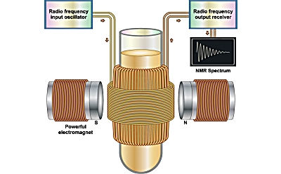 Nuclear magnetic resonance diagram Diagram of nuclear magnetic resonance illustrating how the NMR spectrum based on interaction of nuclear spin states with powerful magnetic field.