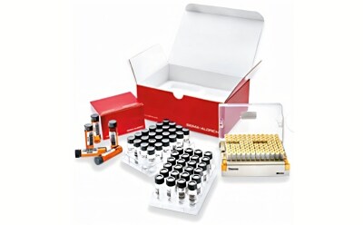 Compound Screening Library A collection of laboratory vials and a storage box. The image features a red box partially open, surrounded by several clear vials with black caps, a tray of vials, and a separate container holding multiple vials in a grid pattern. The items are arranged on a white background.