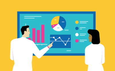 Symbolic image for process monitoring in a (bio-)pharmaceutical process People in lab coats looking at a monitor showing different data sets, possibly analytical results.
