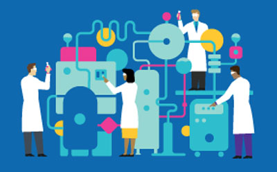  Symbolic depiction of a (bio-)pharmaceutical process with persons in lab coats working, possibly taking samples. 