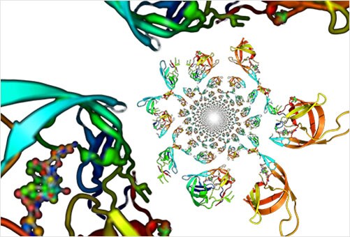 Protein Mass Spectrometry It is a colorful representation of a complex molecular structure. It features multiple intertwined shapes, each with distinct colors like green, blue, red, and yellow.