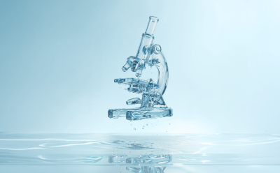 Understanding Lab Water application page A transparent glass microscope with water droplets suspended in mid-air set against a aqua background.