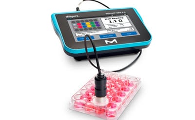Photograph of TEER measurement using the Millicell® ERS 3.0 Digital Voltohmmeter with 24-well Millicell® hanging cell culture inserts