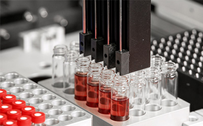 Automated Sample Handling Automated laboratory system dispensing or processing red liquid samples in glass vials arranged in a high-throughput sample tray for compound screening and analytical workflows.