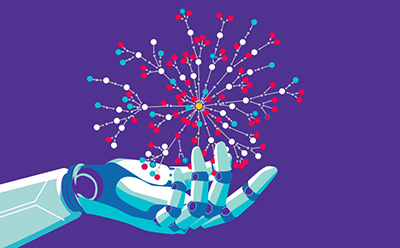 SYNTHIA Retrosynthesis Planning Software Robotic hand holding a network of connected molecular nodes and data points in a stylized scientific illustration.