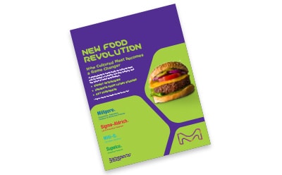 Trend Study: Cultivated Meat & Seafood Brochure featuring a lab cultivated meat used in a burger, details the impact of cultured meat and its role in transforming the food industry.