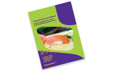 White Paper: HACCP & Cell Culture for Cultured Meat Brochure on cultured meat and seafood, featuring a slice of cultivated sushi on the cover, highlighting sustainability, safety, and quality control in alternative protein sources.