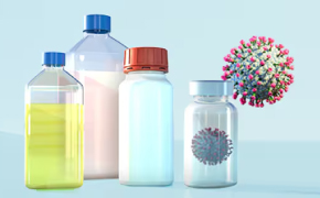 <p>Lentiviral Legends: Navigating the Complex Landscape of Lentiviral Vector Quality Control</p>
Laboratory bottles and vials with viral vector illustrations, accompanied by a floating virus particle, representing viral vector development and productivity.