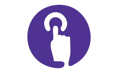 A purple circle showing a hand pointing, symbolizing easy access to products.