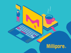 Illustration of a desk setup with a laptop, tablet, smartphone, coffee cup, a stack of books, and a Millipore promo banner on a blue background..