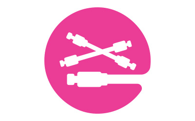 HPLC Technique A bright pink circular icon containing three stylized white representations of HPLC (High-Performance Liquid Chromatography) columns. Two of the columns are shown diagonally crossed in the background, forming an "X" shape, while a third, larger column is placed horizontally in the foreground, slightly overlapping the edge of the circle. Each column is depicted with connectors or fittings on both ends, accurately reflecting the cylindrical shape and detailed structure typical of chromatography hardware.