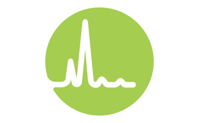 Inductively coupled plasma technique A circular green icon with a stylized white line graph resembling a chromatogram or spectral peak, commonly associated with the analytical testing technique, inductively coupled plasma (ICP) analysis. The white line within the green circle features a tall central peak flanked by smaller peaks and wave-like patterns, representing the detection of various analytes or signal intensities in a sample analysis.