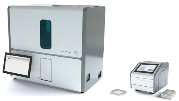 Roche Digital LightCycler<sup>®</sup> System 从左至右: 分析仪和分区引擎系统亮点包括:具有6个光学通道的分析仪允许进行多重检测;3种耗材配置可以满足不同的临床应用;基因5X DNA预混液优化,提供了高特异性和信号分离;基因5X RNA预混液优化,可得到显著的有效RT活性;样本追踪和自动数据分析简化了工作流;每批最高可以检测96个样本(1-12板),每批次用时2-4小时