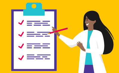 Quality and Reliability You Can Trust Illustration of a person with long hair, wearing a lab coat, holding a red pencil and presenting a large clipboard.