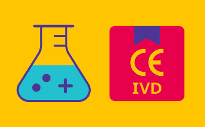 Your Partner in Regulatory Compliance On the left, there is a stylized graphic of a blue Erlenmeyer flask. On the right, there is a red square with rounded corners displaying the letters ‘CE’ in white, followed by ‘IVD’ in smaller font size below it.