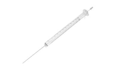 Analytical Syringes A grayscale photograph of a syringe. It features: Needle: A long, thin needle is attached to the tip of the syringe. Barrel: The barrel has measurement markings along its length. Plunger: At the end of the syringe, there is a plunger used for drawing in or expelling liquids.