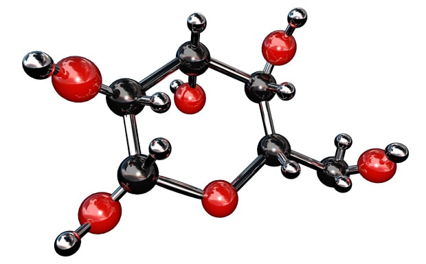 图片显示的是一个三维分子模型，黑色和红色球体代表原子，通过棒状连接来说明化学键。黑色球体较小，可能代表碳原子，而红色球体可能代表氧原子，表明这是一种有机化合物。