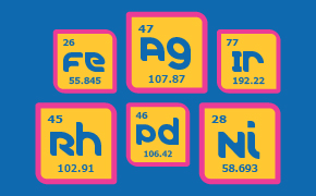 A colorful arrangement of six elements from the periodic table on a blue background. Each element is presented in a separate square with rounded corners, colored in either pink or orange.