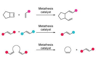 Three examples of chemical reactions facilitated by a metathesis catalyst. Each reaction sequence shows the transformation of initial reactants into products using simple molecular diagrams.