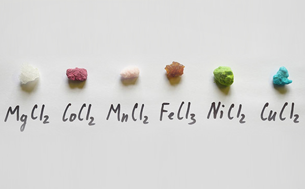 High Purity Metal Salts Six small piles of high-purity salts, each with a distinct color, neatly arranged in a row against a white background. From left to right, the salts and their corresponding chemical formulas are: 1) Magnesium Chloride (MgCl2): White salt, 2) Calcium Chloride (CaCl2): Pink salt, 3) Manganese(II) Chloride (MnCl2): Off-white salt, 4) Iron(III) Chloride (FeCl3): Orange-brown salt, 5) Nickel(II) Chloride (NiCl2): Green salt, 6) Copper(II) Chloride (CuCl2): Blue salt. Each chemical formula is written in black text below its corresponding pile of salt.