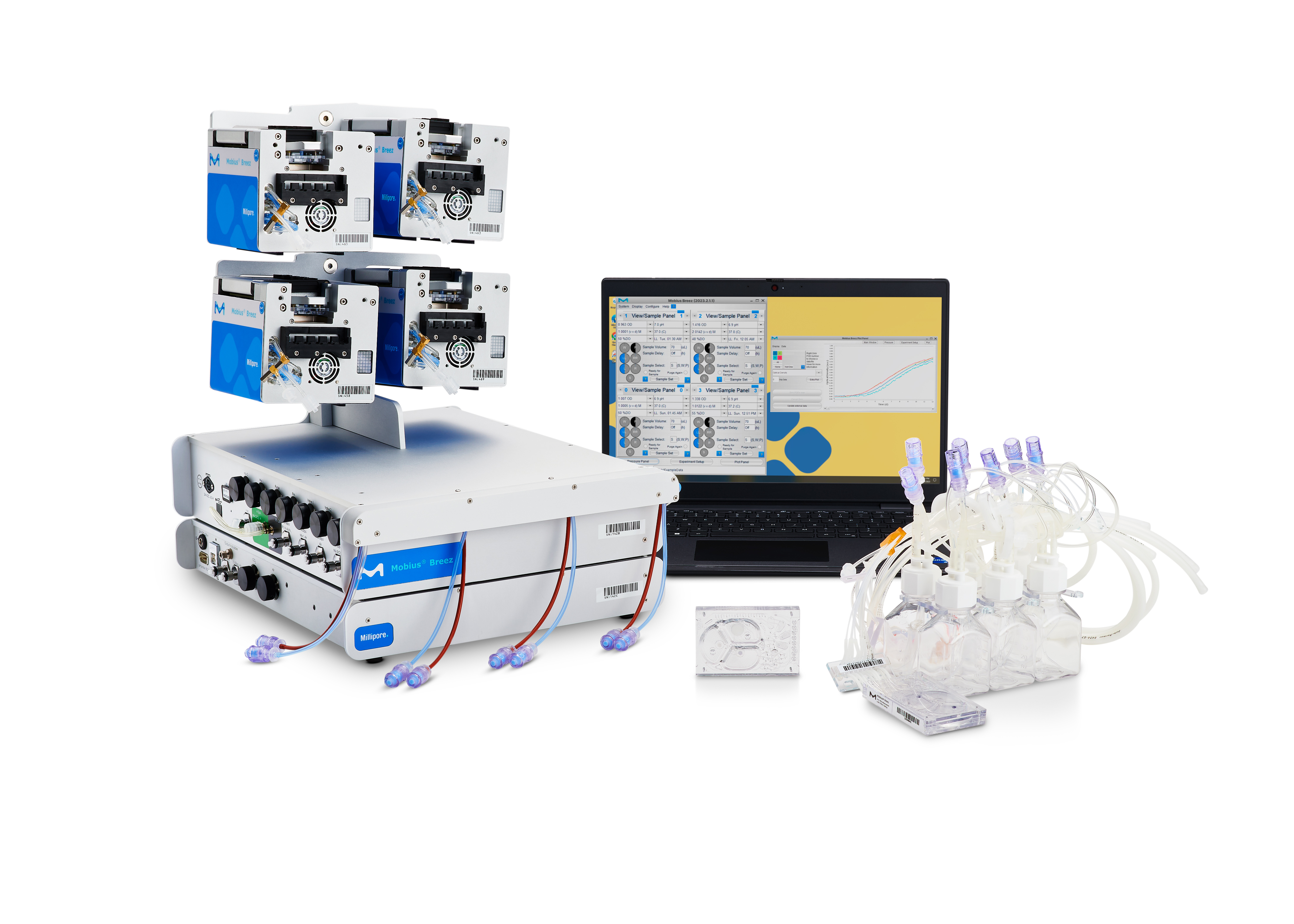 Mobius® Breez Microbioreactor Mobius® Breez 微型生物反应器,显示设备、监控器和附件。
