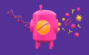 Cell line and bioreactor producing antibodies and viruses Pink bioreactor depicting high-producing cell line on purple background.