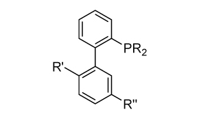 A chemical structure showing a biphenyl backbone with a phosphine group (PR₂) attached to the ortho position of the upper phenyl ring. The lower phenyl ring has two substituents labeled R′ and R″ at the ortho and para positions relative to the biphenyl linkage.