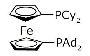 A chemical structure showing a ferrocene-based MPhos ligand comprised of an iron (Fe) center sandwiched between two cyclopentadienyl rings. One with is substituted with a dicyclohexylphosphine group (PCy2) and the other with a diadamantylphosphine group (PAd2).