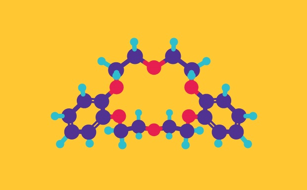 Dibenzo18crown6 Ball and Stick Molecular Model 600x384 Ball-and-stick model of dibenzo-18-crown-6 molecular structure on yellow background. Purple balls represent carbon atoms, cyan balls represent hydrogen atoms, and red balls represent oxygen atoms. The molecule displays a large, intricate three-dimensional structure with multiple interconnected rings and branching chains throughout.
