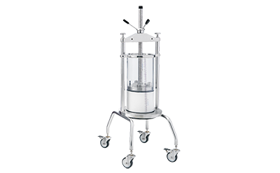 Chromatography Columns for Bioprocessing Stainless steel chromatography column on wheels, designed for bioprocessing applications, featuring a transparent central chamber with measurement markings and a top-mounted handwheel for precision adjustments.