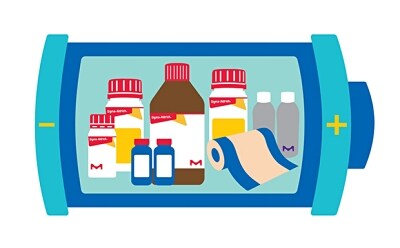 Battery Products illustration depicting various pharmaceutical bottles and containers inside a blue and teal frame representing a battery. The items include several bottles with red caps, a brown liquid container, and smaller blue bottles
