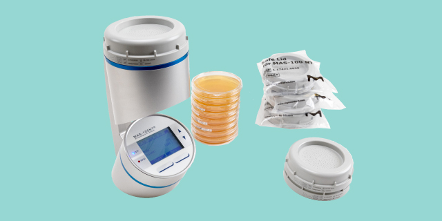 <p>Navigating Cleanroom Compliance for Safe Material Transfer</p>
Microbial air-sampling equipment, culture plates, and sterile sampling accessories arranged against a turquoise background.