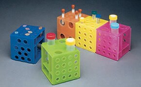 Cube racks Cube racks - interlocking on all sides. Each one accommodates (4) 50 mL tubes, (10) 15 mL conical tubes, (12) 12 × 75 or 12 × 100 tubes, or (16) 1.5-2.0 mL microcentrifuge tubes. They slide together on any side allowing the user to work with different tubes on as many connected racks as desired.