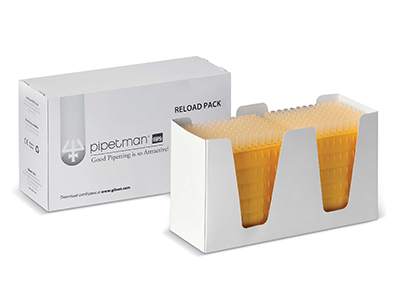 Gilson Reload Packs Two cardboard boxes, one open and containing stacks of pipette tips in yellow trays.