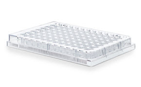 A Millicell<sup>®</sup> ULA plate, a reliable 3D cell culture tool that promotes scaffold-free self-assembly of spheroids. This 96-well U-bottom plate is transparent and made of a material with high optical clarity, making it compatible with both brightfield and fluorescence imaging. The wells are arranged in an 8x12 grid format, each with a rounded bottom suitable for spheroid formation in 3D cell cultures. Alphanumeric labels are visible on the sides of the plate for easy identification of individual wells. The plate is set against a white, nondescript background.