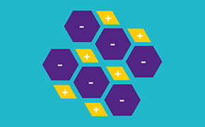 Salt Formation The image depicts a cluster of purple and yellow hexagons on a teal background. Each yellow hexagon has a white plus and purple one has minus symbol at its center.