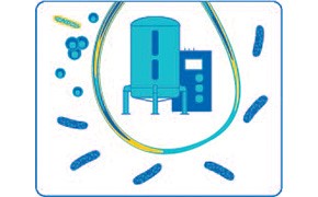 Icon depicting a blue filtration tank and control unit surrounded by stylized representations of water molecules and filtration media particles.