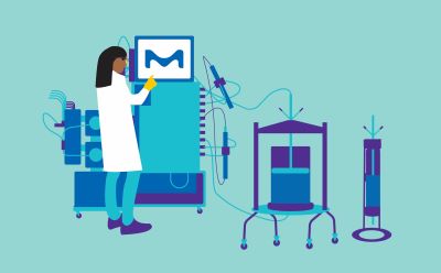 Illustration showing an operator in the lab working on a chromatography system, a lab-scale chromatography column and a process-scale chromatography column to illustrate the flexibility and scalability offered by our chromatography system offering.