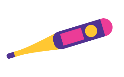 A colorful illustration of a clinical thermometer. The body of the thermometer is primarily purple with a pinkish display screen area. There is a yellow button on the front side of the thermometer’s body. The tip of the thermometer, where the temperature sensor is located, is orange. The thermometer is not displaying any temperature reading. It’s an isolated image with no background details or additional elements present.