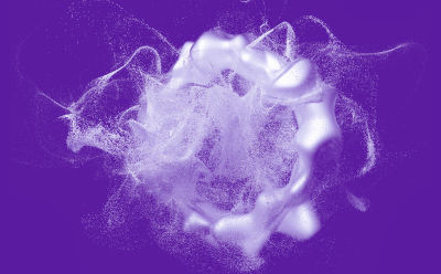 Powder particles in a roughly ring-shaped form, possibly airborne or in solution, on purple background.