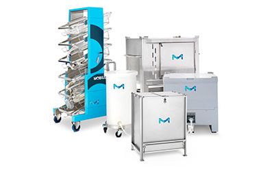 Fluid Transport & Storage An assortment of Mobius liquid storage solutions designed for efficient fluid transport and storage. The image showcases a mobile rack system with multiple transparent storage bags, a standalone wheeled bin, and a portable container, all adorned with the distinctive Mobius logo and presented in a clean, white and blue color scheme.