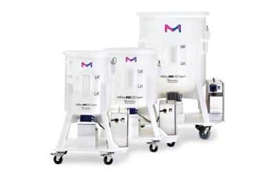 Mobius<sup>®</sup> Mix Three white mobius MIX single-use mixers ranging in size from big to small.