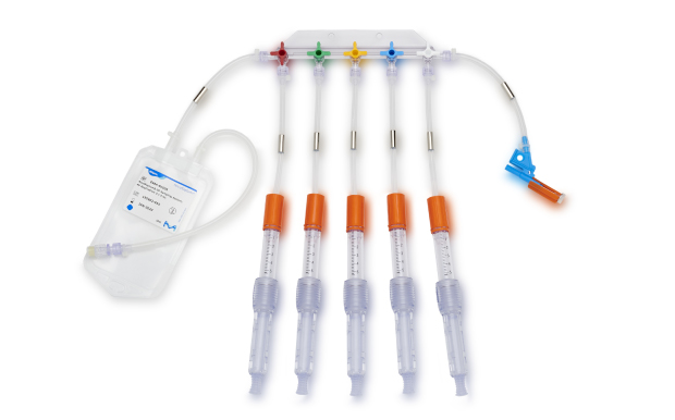 Sterile sampling system with five manifolded syringes. Large drainage bag at one end and tubing at other end of unit.