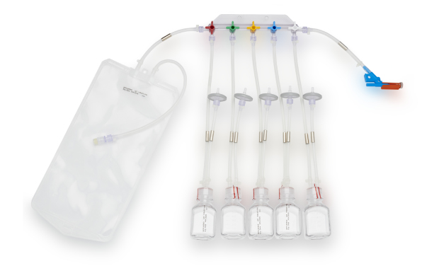 Sterile sampling system with five manifolded plastic bottles. Large drainage bag at one end and tubing at other end of unit.