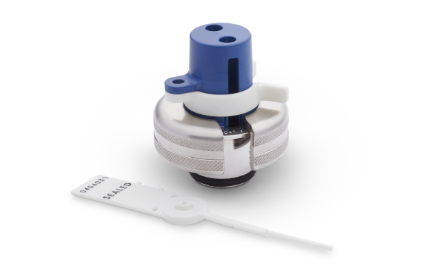 Holder for NovaSeptum® GO system Ingold fitting with metal base and blue and white plastic components. Plastic locking indicator next to the holder.