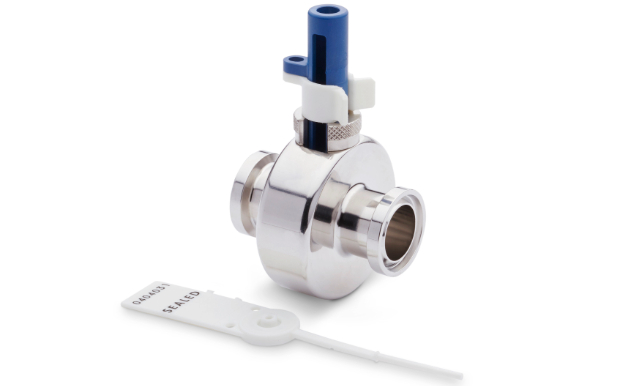 Stainless steel holder with blue plastic top for inline sample collection. Plastic locking indicator lying next to the holder.