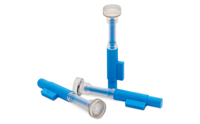 Multiple blue and white port plugs that are used as optional accessory with NovaSeptum® GO sampling units
