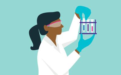 Representative sampling Scientist in lab gear looking at a rack of tubes filled with different colored liquid