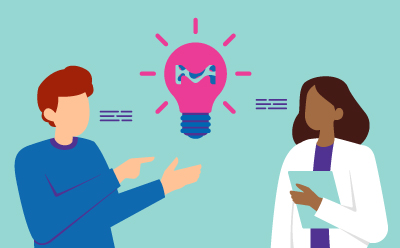 Illustration of a male customer talking to a female scientist who provides support and expertise